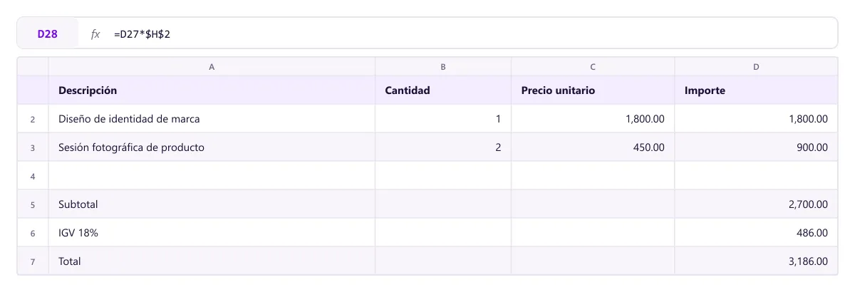 Detalle de una factura en Excel con subtotal, IGV y total calculados con fórmulas